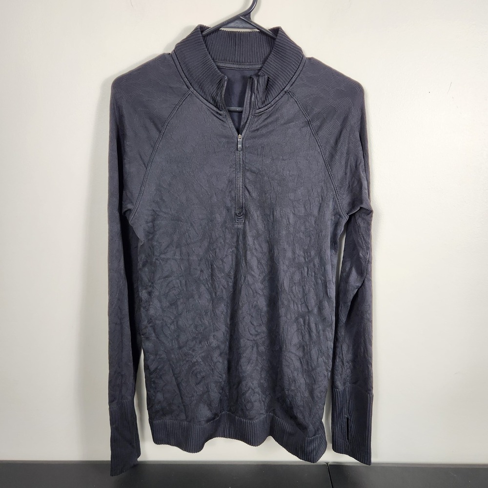 Lululemon Rest Less 1/4 Zip Pullover Black Floral Jacquard Thumbholes Size 8